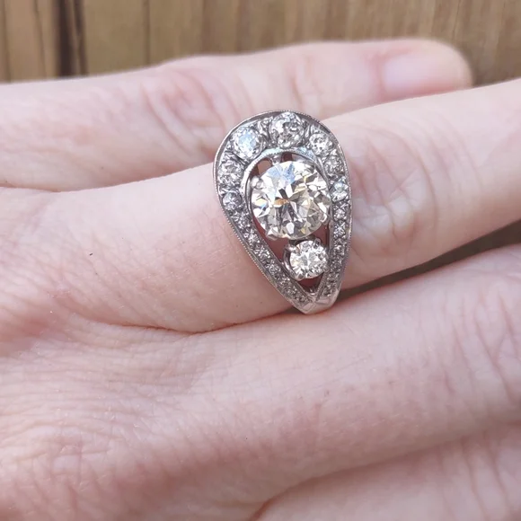 Old European cut diamond ring 14kt white gold U design - Picture 14 of 17